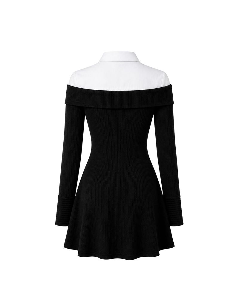 Elly Off-Shoulder Tie Ribbed Long-Sleeve Mini Knit Dress Black