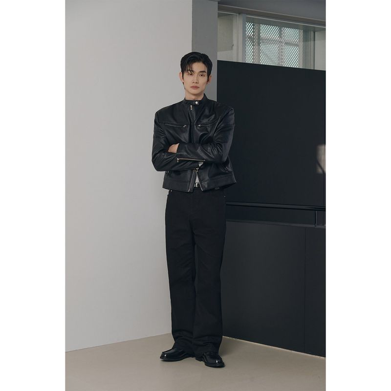 Essential cracked leather biker jacket(Black)