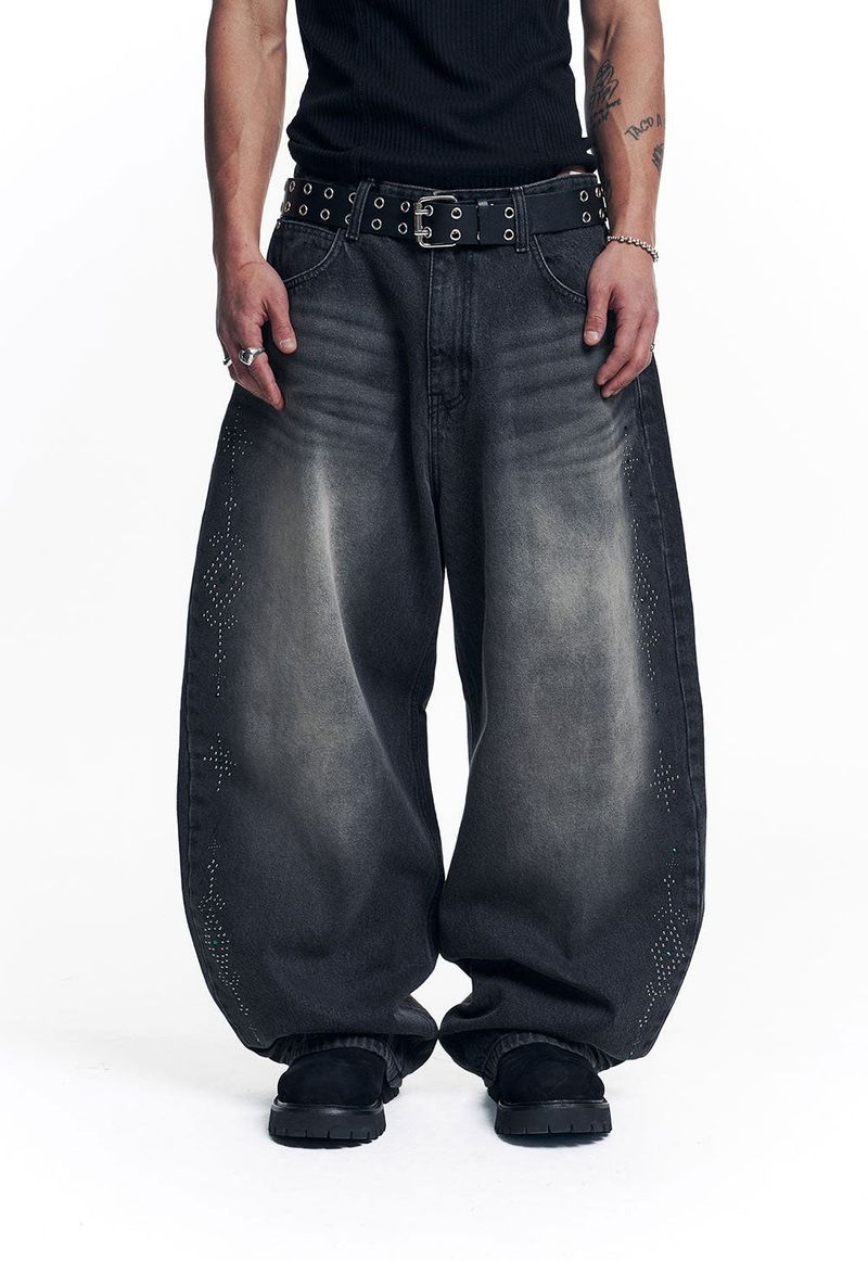 Curved Western Stud Denim Pants - Black