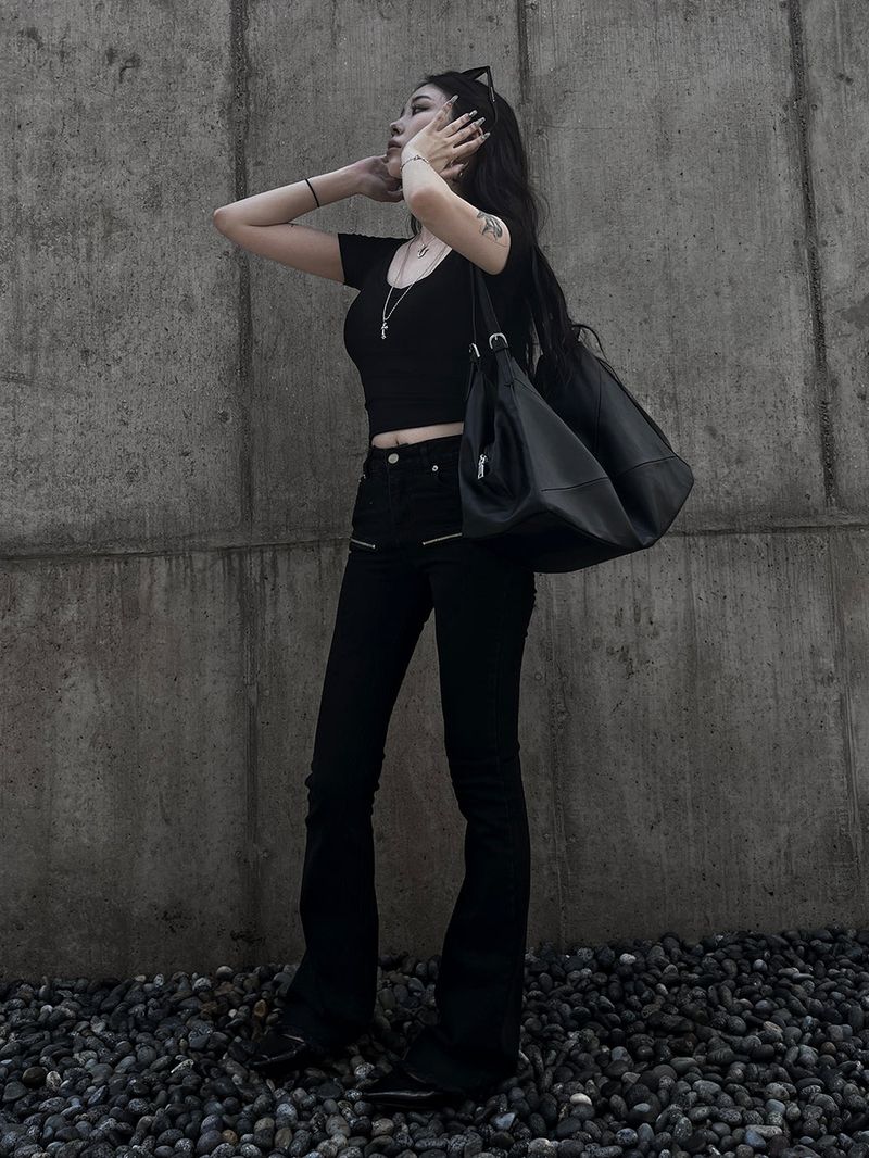 black zipper bootcut denim