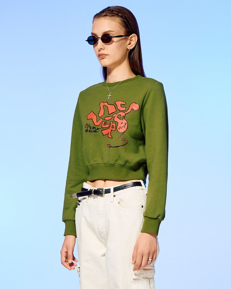 DEVIL HEAD LOGO CROP SWEATSHIRT-OLIVE