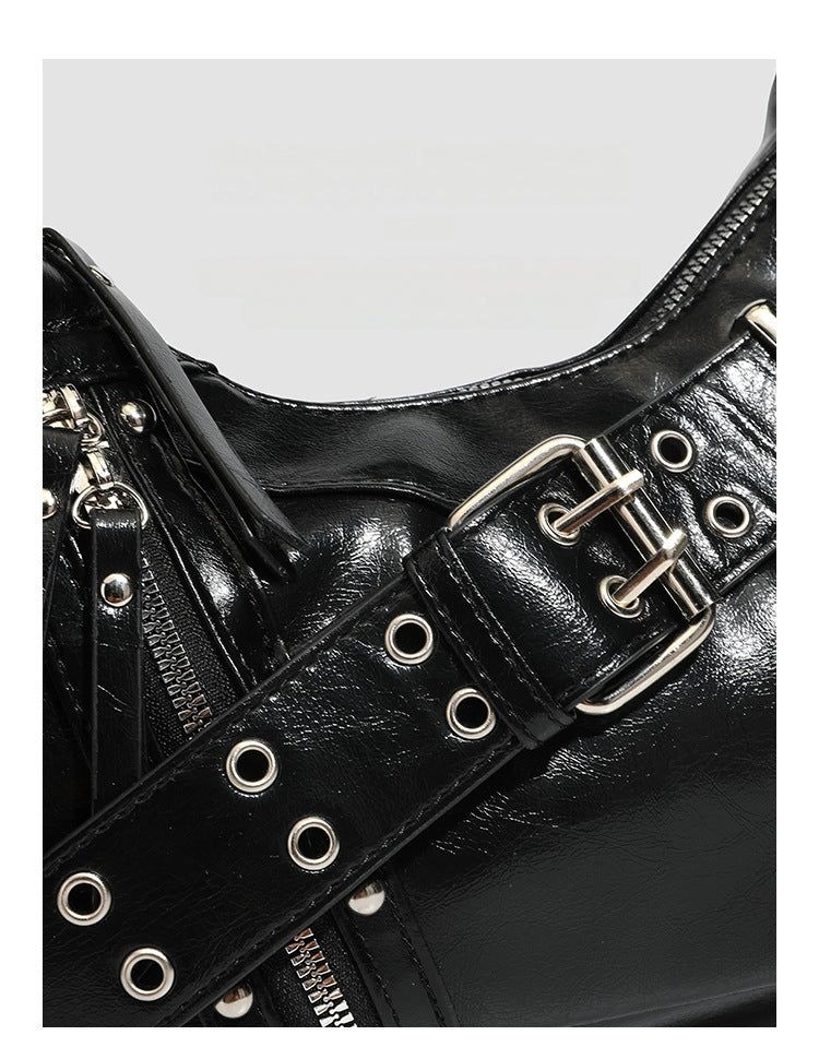 Studded Waxed Leather Motorcycle Shoulder Bag