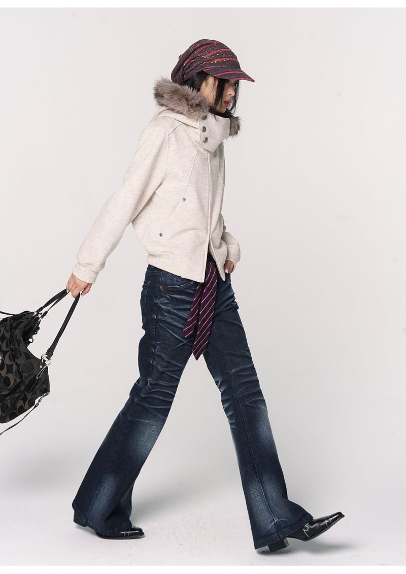 CONFUN Design sense three-dimensional cat whiskers, aged washed flared jeans style
