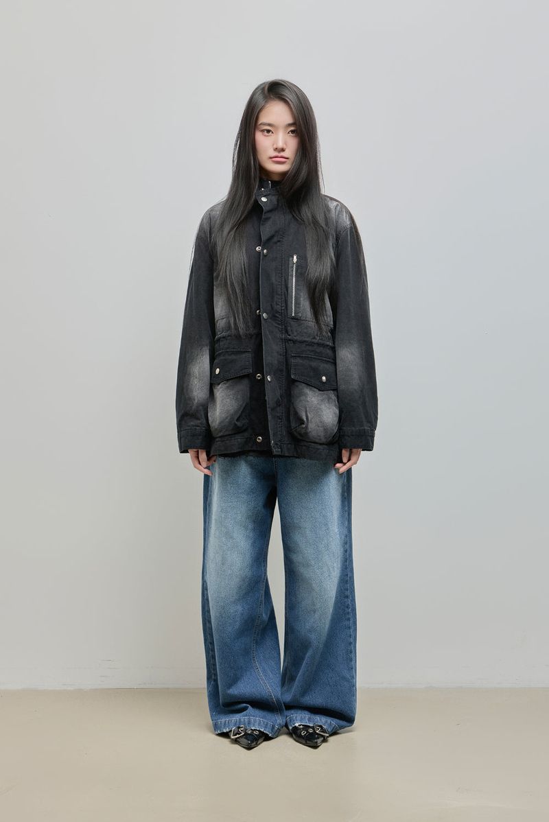 Washed High-Neck Field Jacket_Black