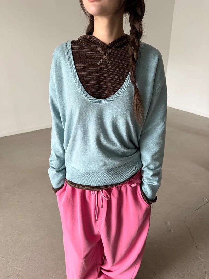deep U-neck knit top