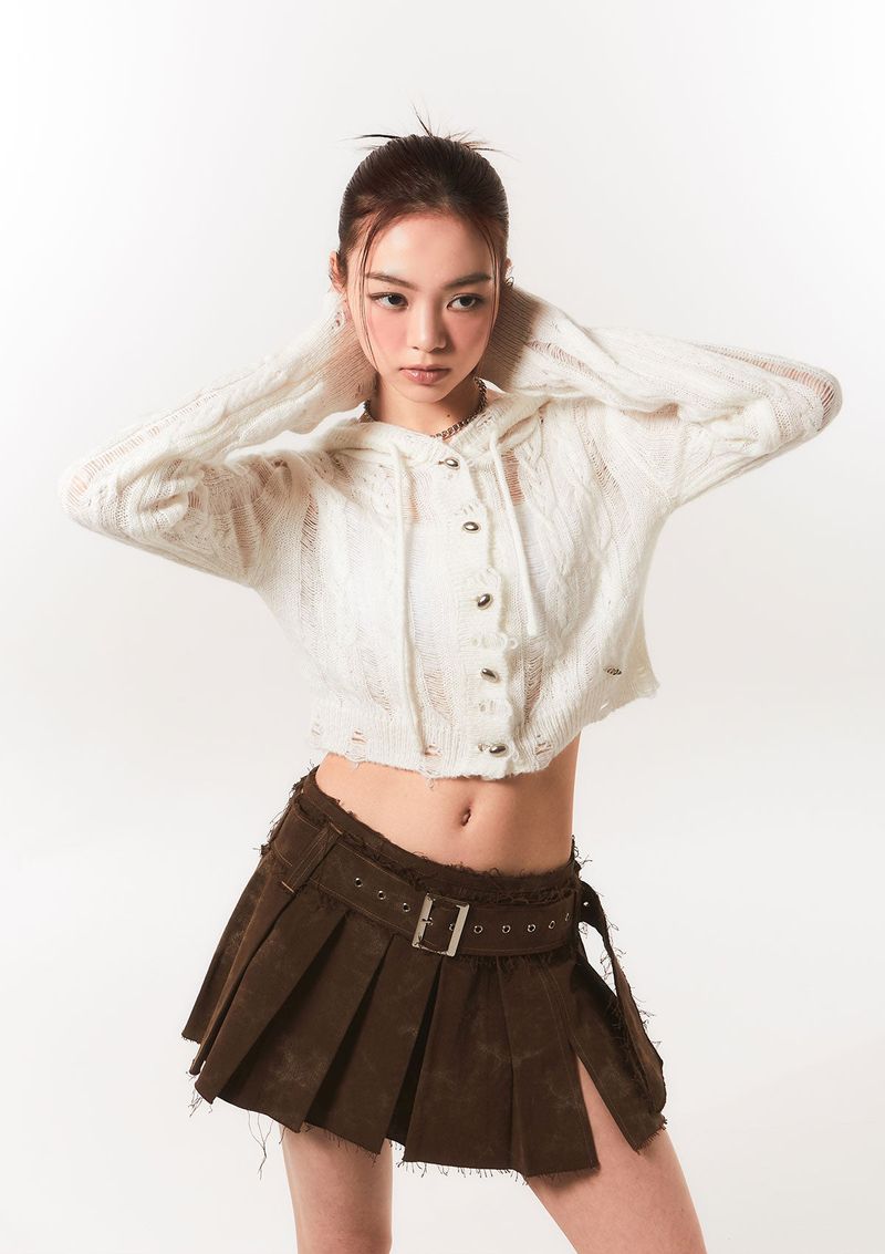 rough belted pleats sk - brown