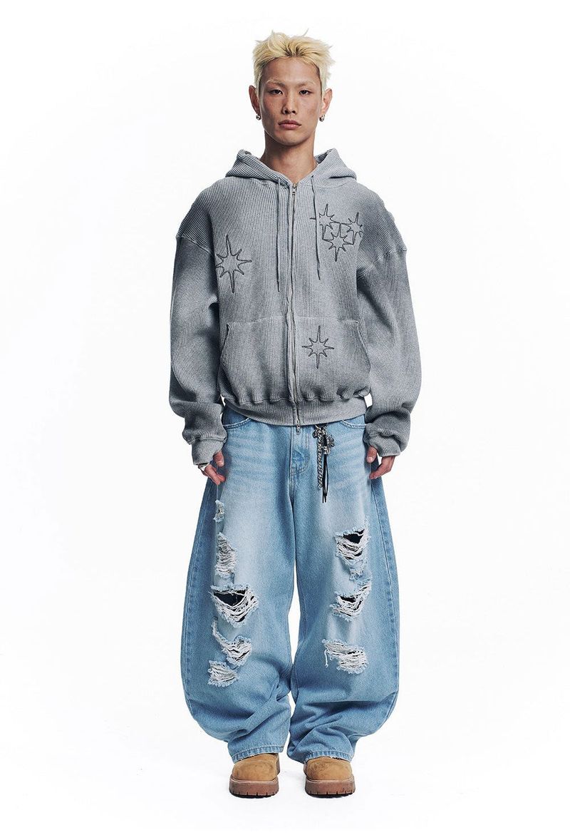 Washed Star Waffle Hooded Zip-Up - Grey