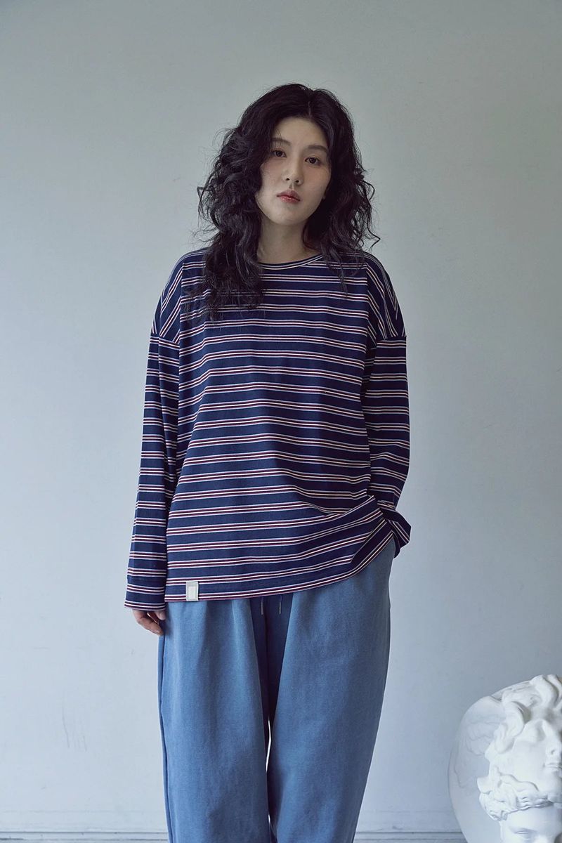 STRIPE BINDING-NECK BOX TEE (Dark Navy)