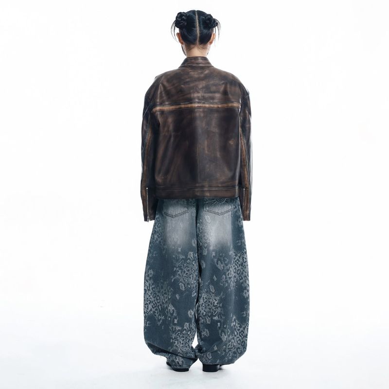 Sun Patch Leopard Balloon Denim Pants - BLACK