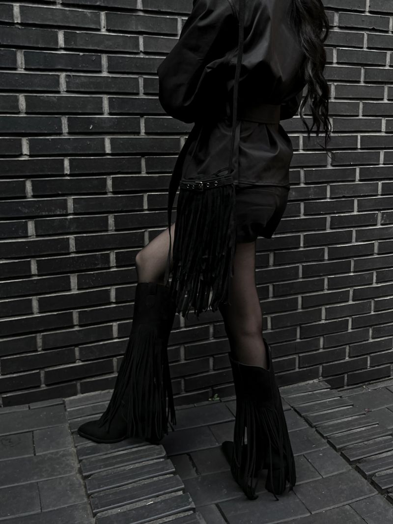 suede fringe shoulder bucket bag