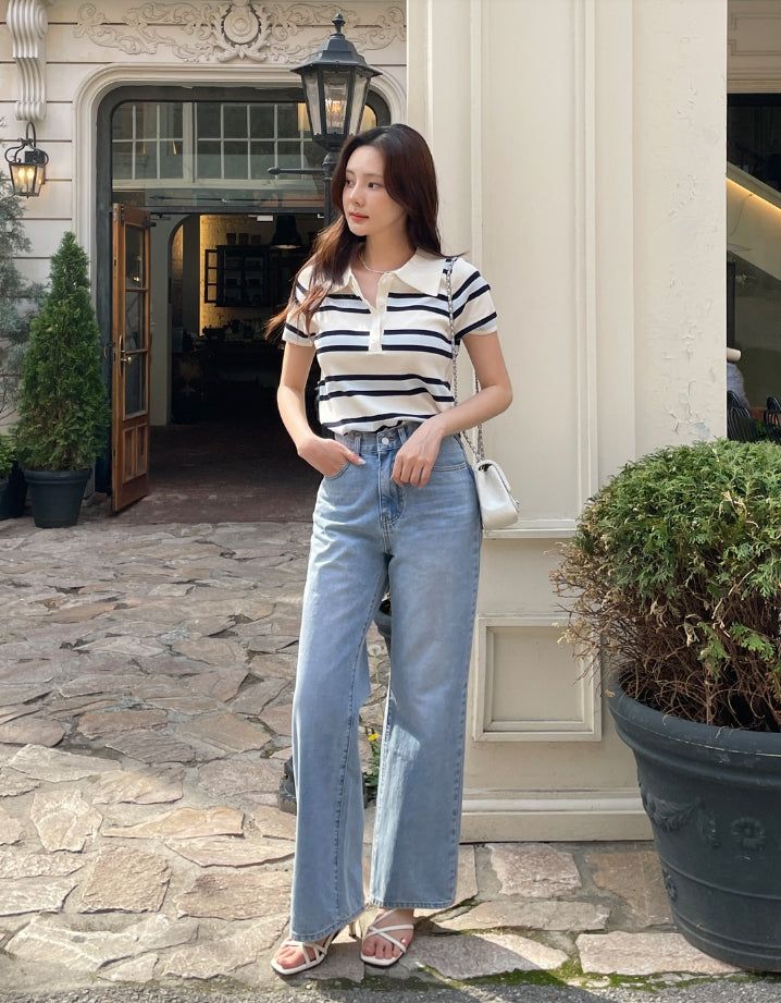 Oldin Stripe Collar Short Sleeve Knit
