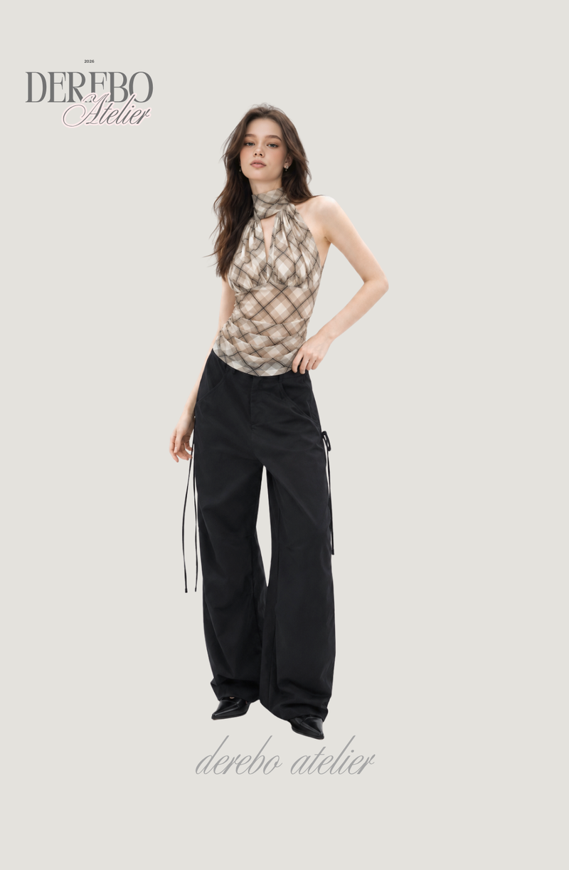 Shphone check holder neck mint-sleeved blouse Top