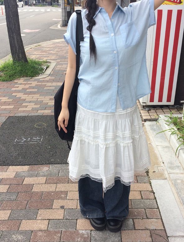 Tirin Pintuck Frill Lace Midi Skirt