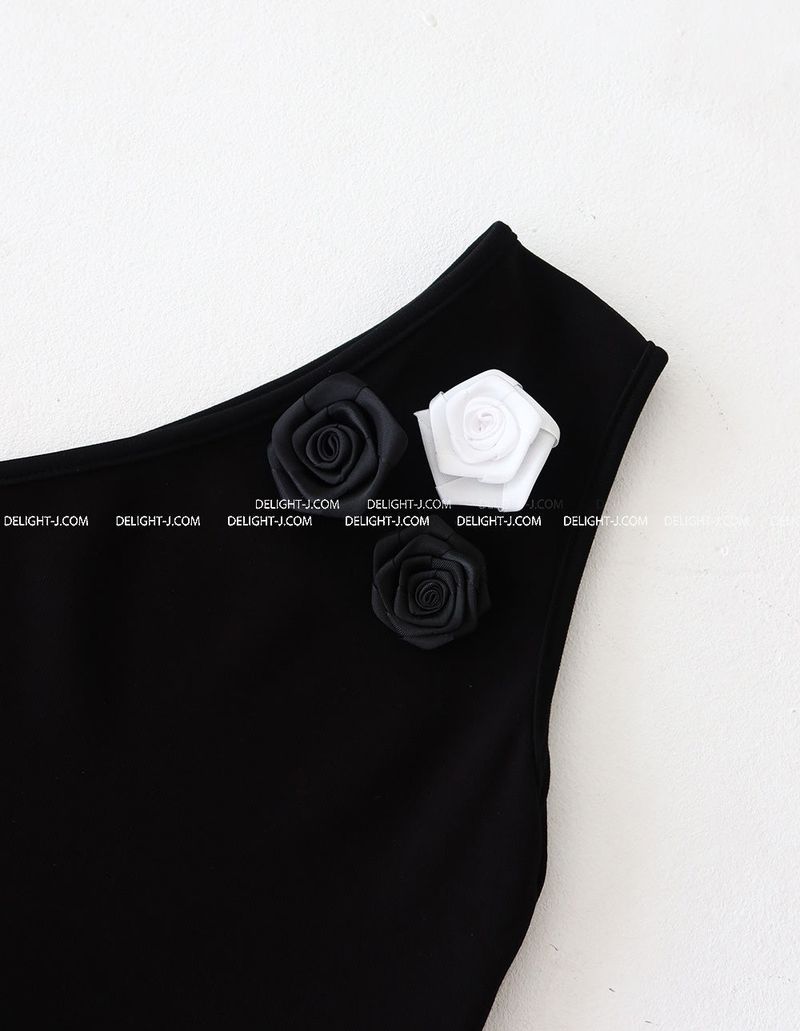 Rose Cosage 3ps Detachable Unbalanced Shoulder Sleeveless