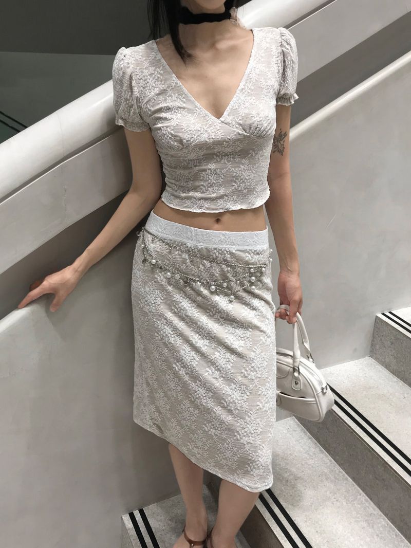 French Garden Lace Deep V-neck Puff Sleeve TOP & MIDI SKIRT SET 