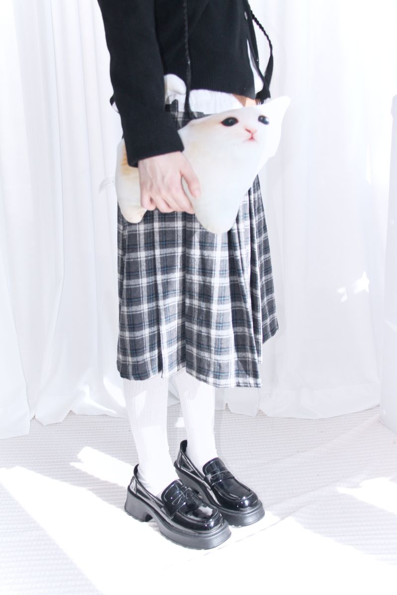 wool banding checkered midi skirt