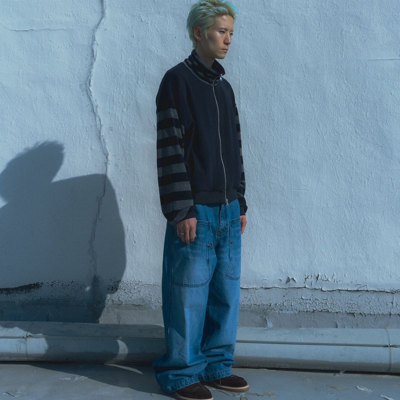 Stripe knit zip-up jacket / Navy