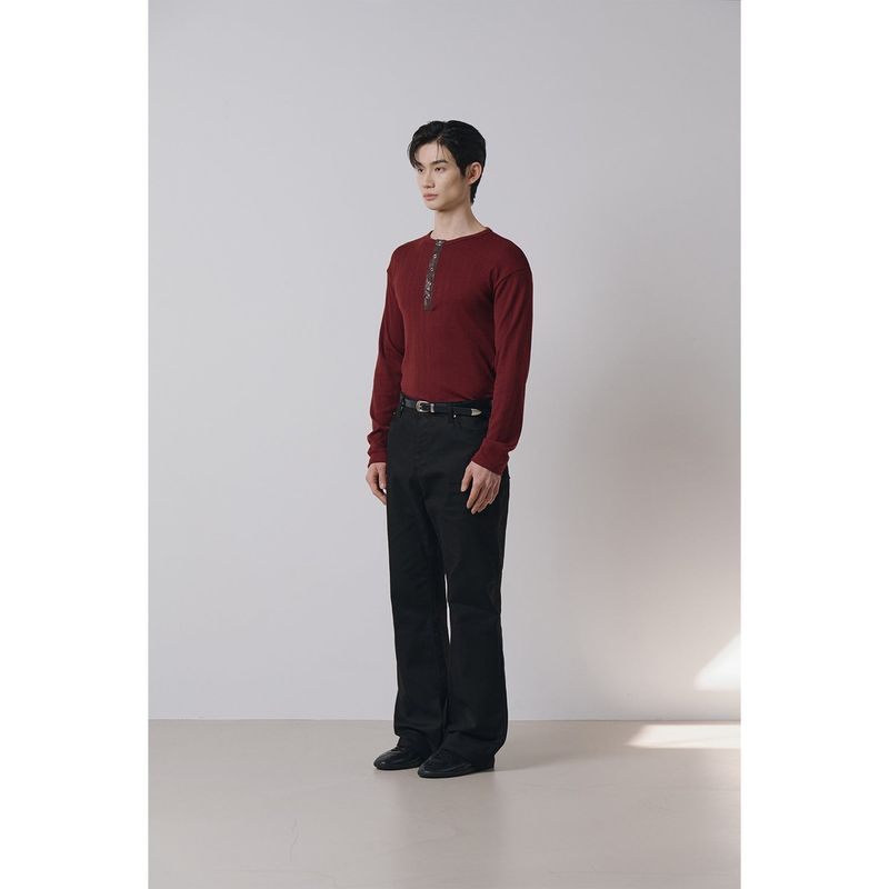 Leather ribbed henry neck long sleeves(Burgundy)
