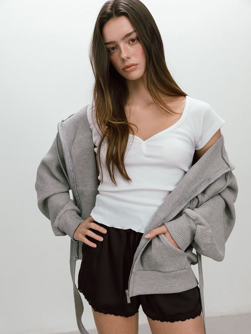 RIBBON WAFFLE HOODIE / GREY