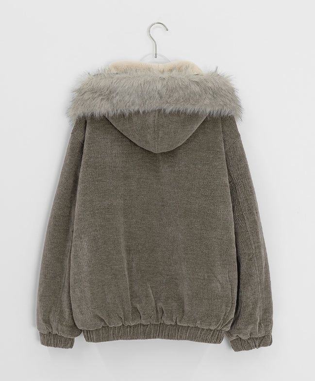 Tiken Herringbone Wool Hood Fur Jacket