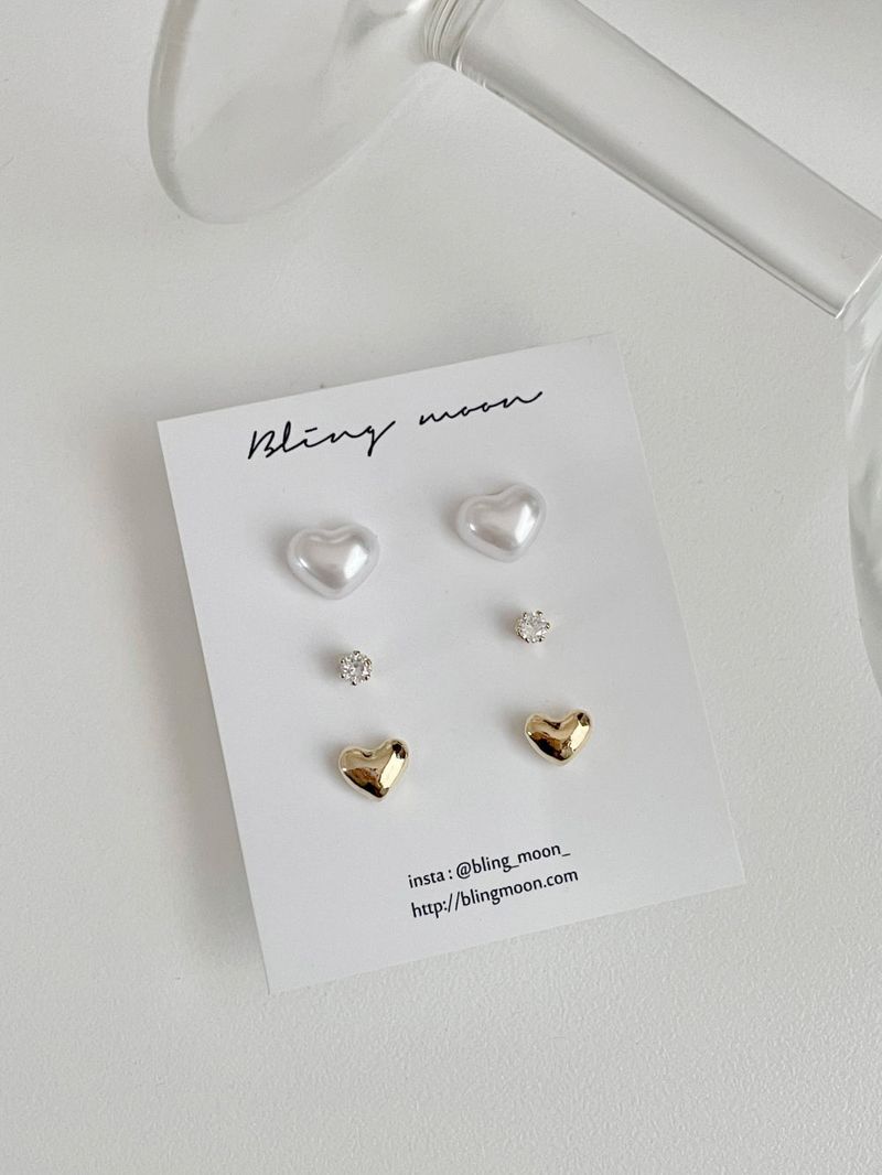 [3 set] wedding pearl heart earrings set