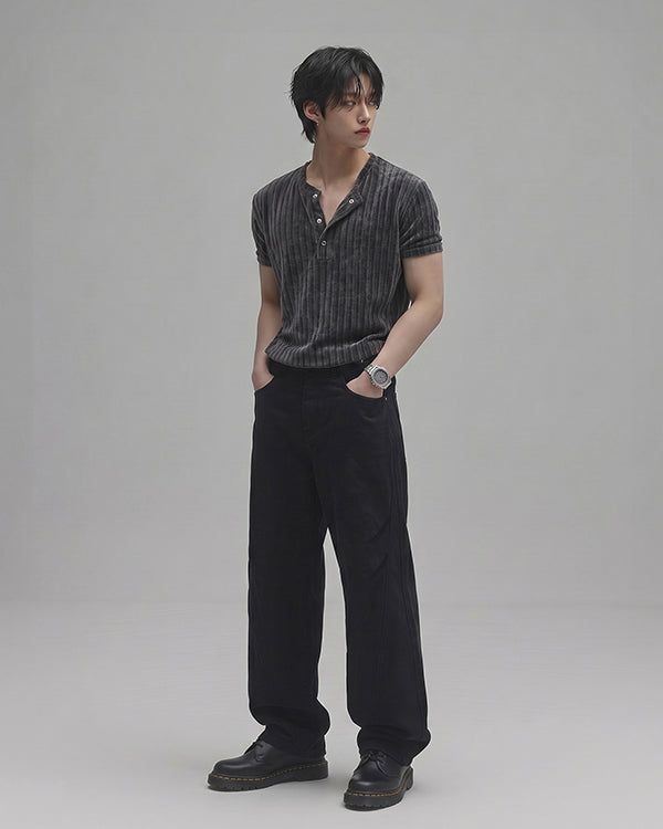(M's) Ribbed Velour Henley Neck Tee 26SS-011