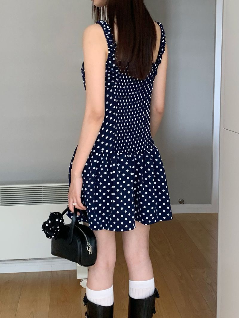 Navy Dotted Square Neck Flared Dress