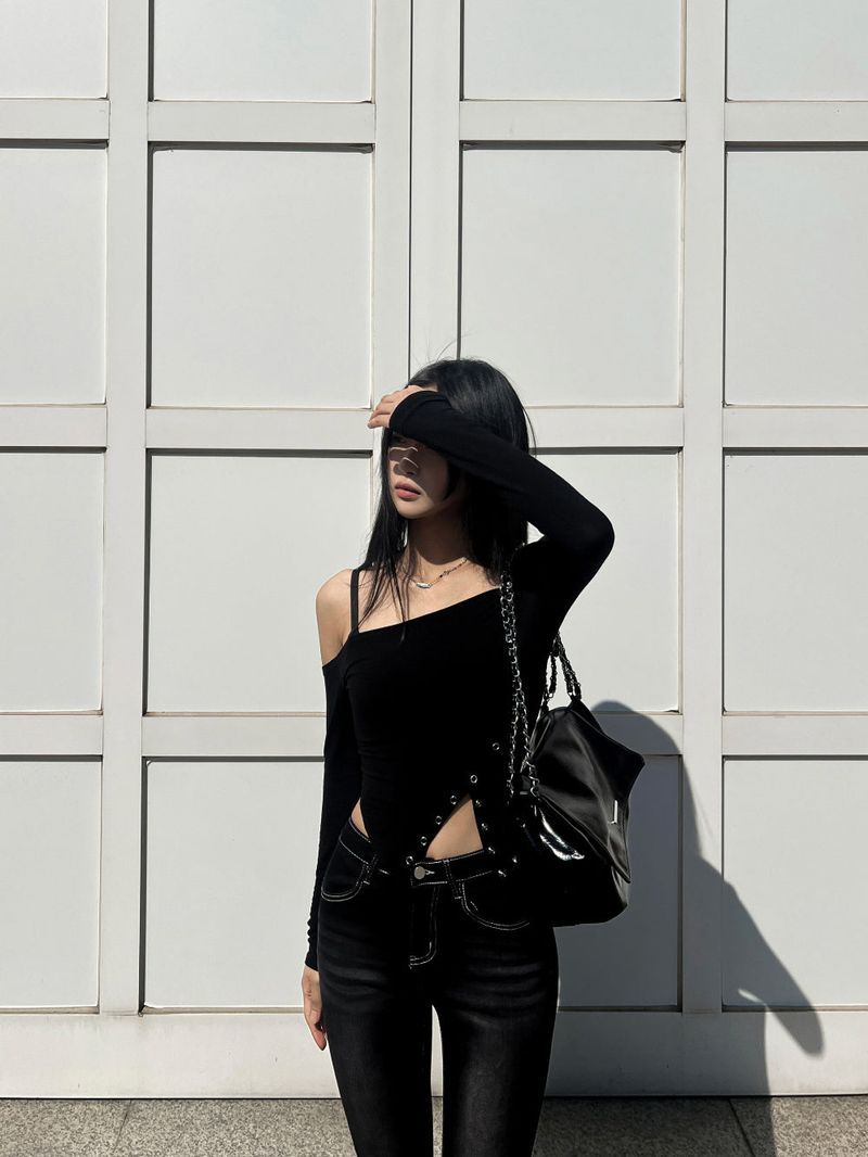 Color combination stitch gradient washed high waist spandex bootcut pants (Black)