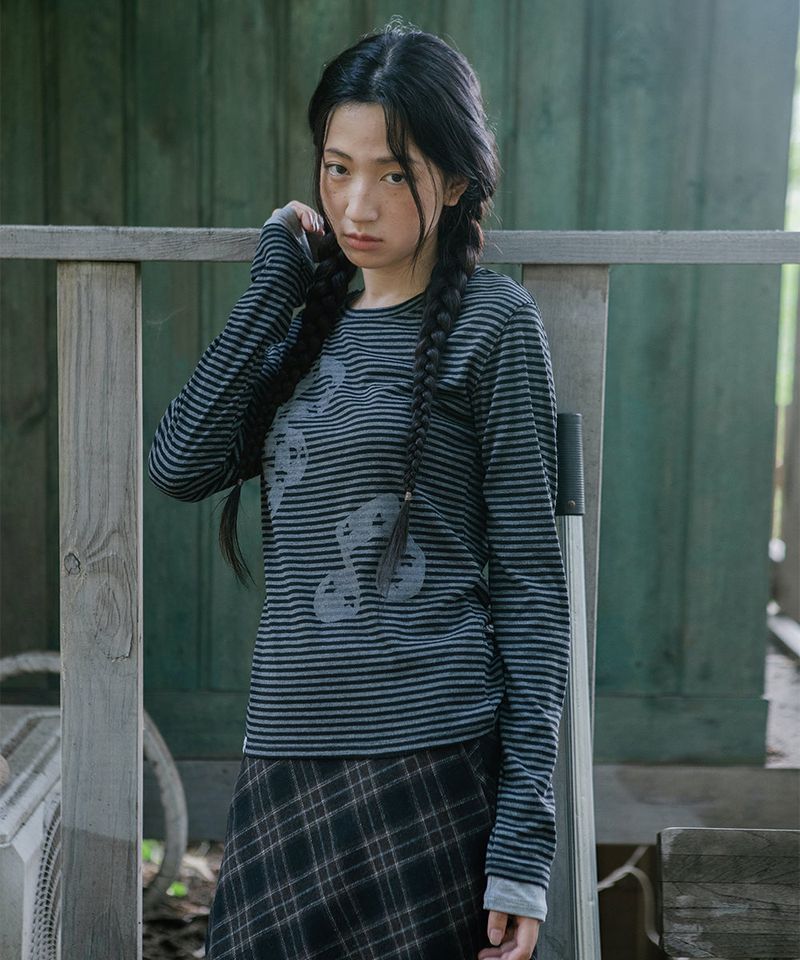 cavish（カビシ）の「STRIPED MUSIC NOTE LS TEE BLACK(CV2GFFT554A)（Tops）」