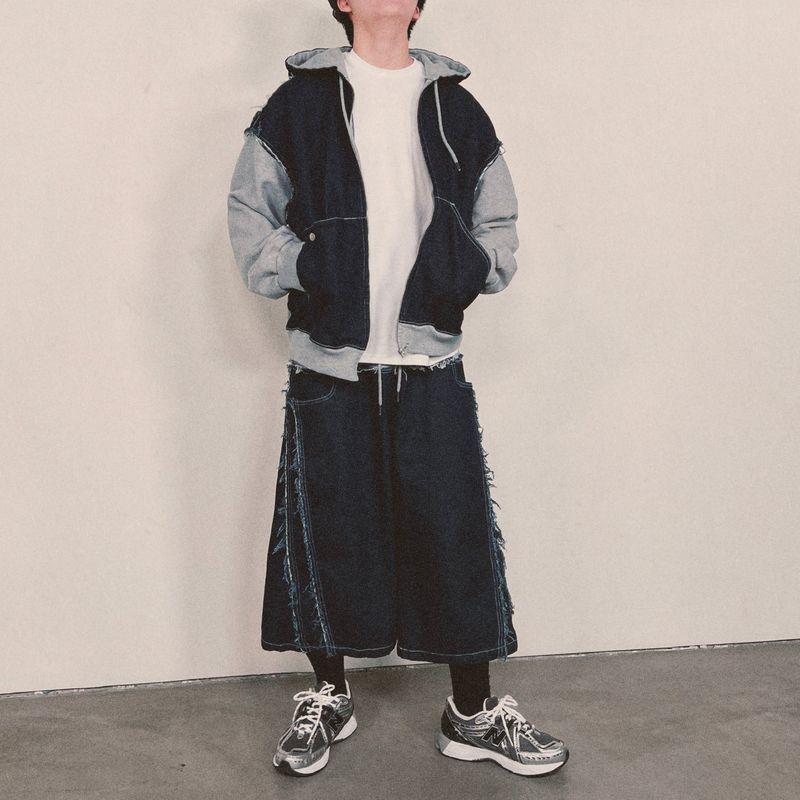 layered deconstructed denim capri shorts_blue