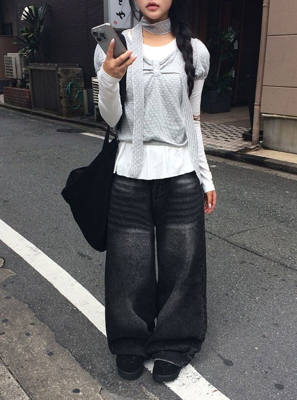 [3-piece Scarf set] ビューレン ドット レイヤード ボタン シャーリング ロングスリーブ Tシャツ