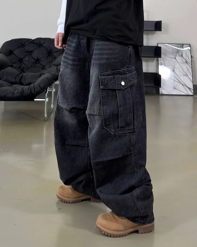 Bern diagonal cargo wide denim pants