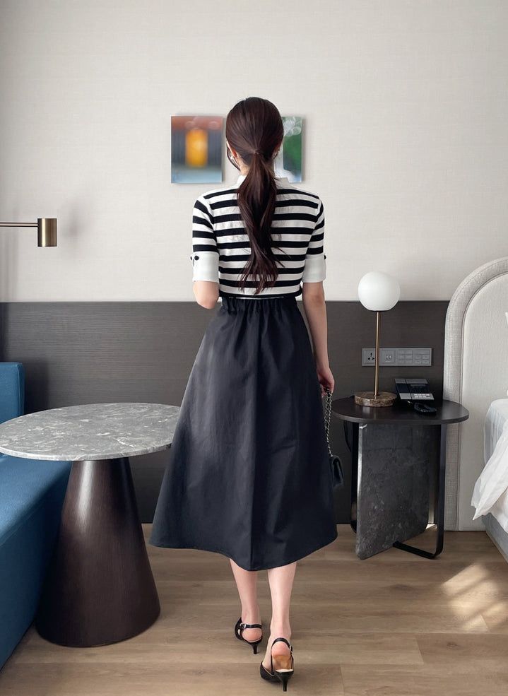 Ez Color Matching Button Short Sleeve Collar Knit