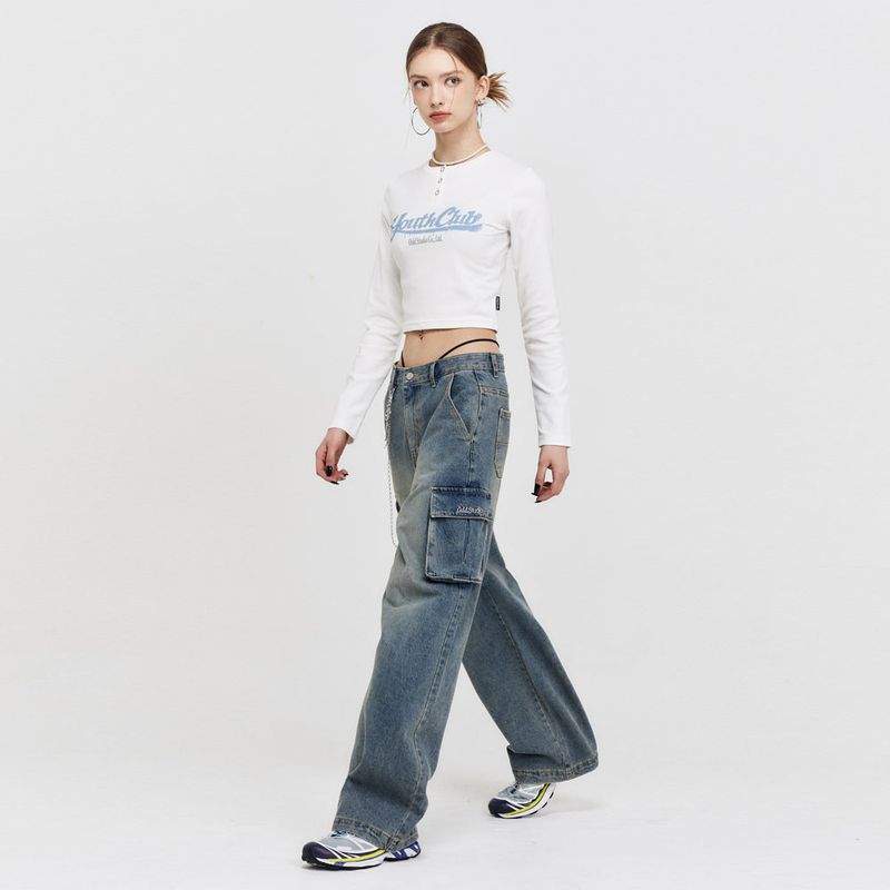 Sand Washed Cargo Wide Denim Pants - blue