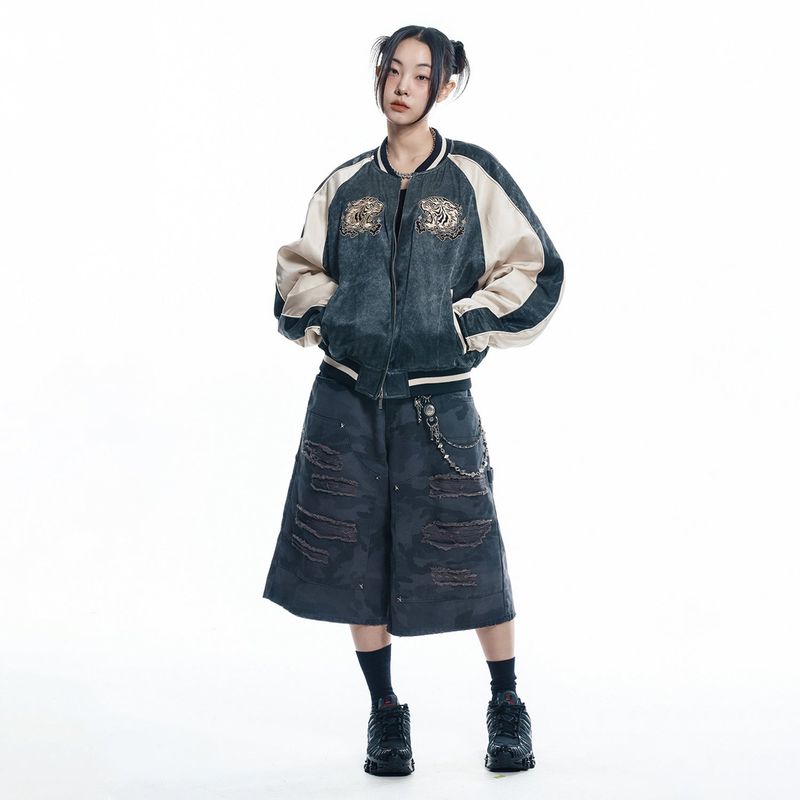 Destroyed Camo Carpenter Bermuda Pants - CHARCOAL