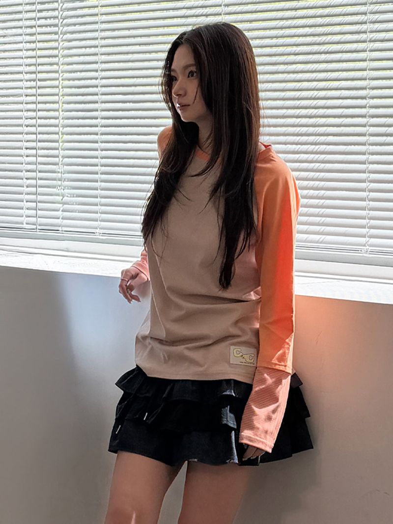 CHANCECHANCE（チャンスチャンス）の「CEC レイヤード ストライプド スリーブ レーベル L/S(PINK ORANGE)（トップス）」