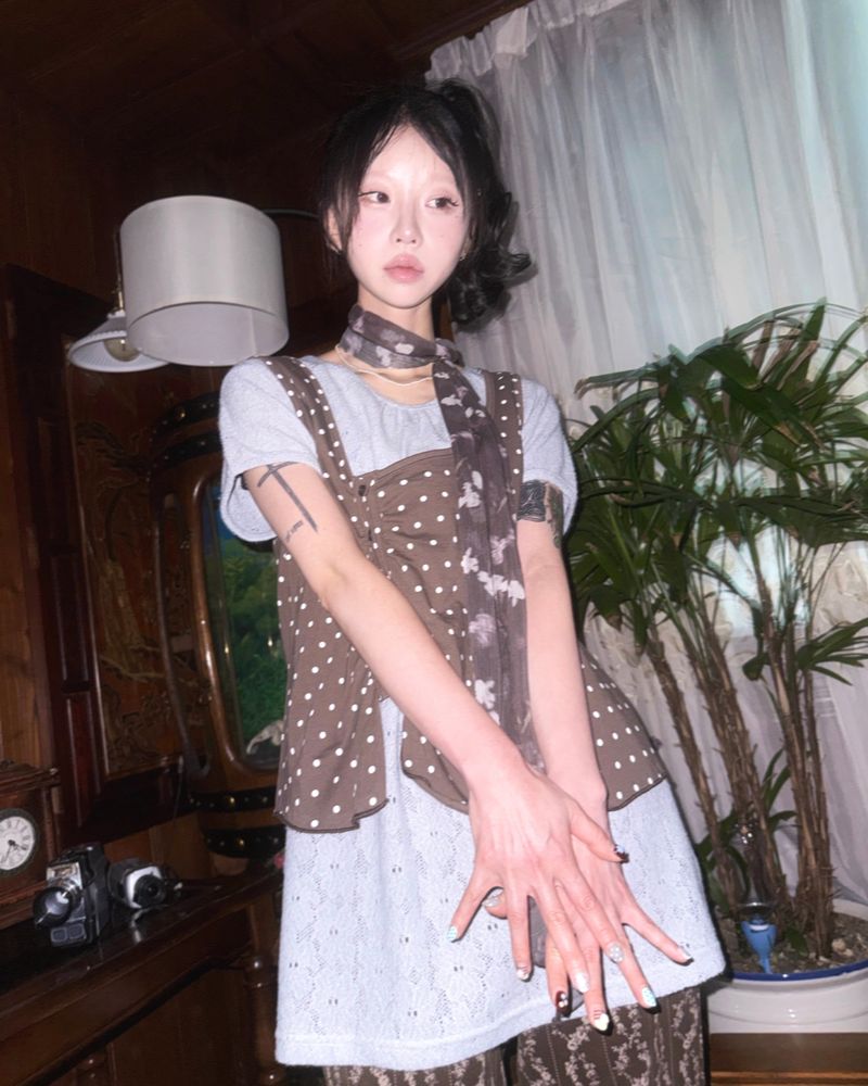 (2color) Flower Lacy Knit Long Short Sleeve Tee