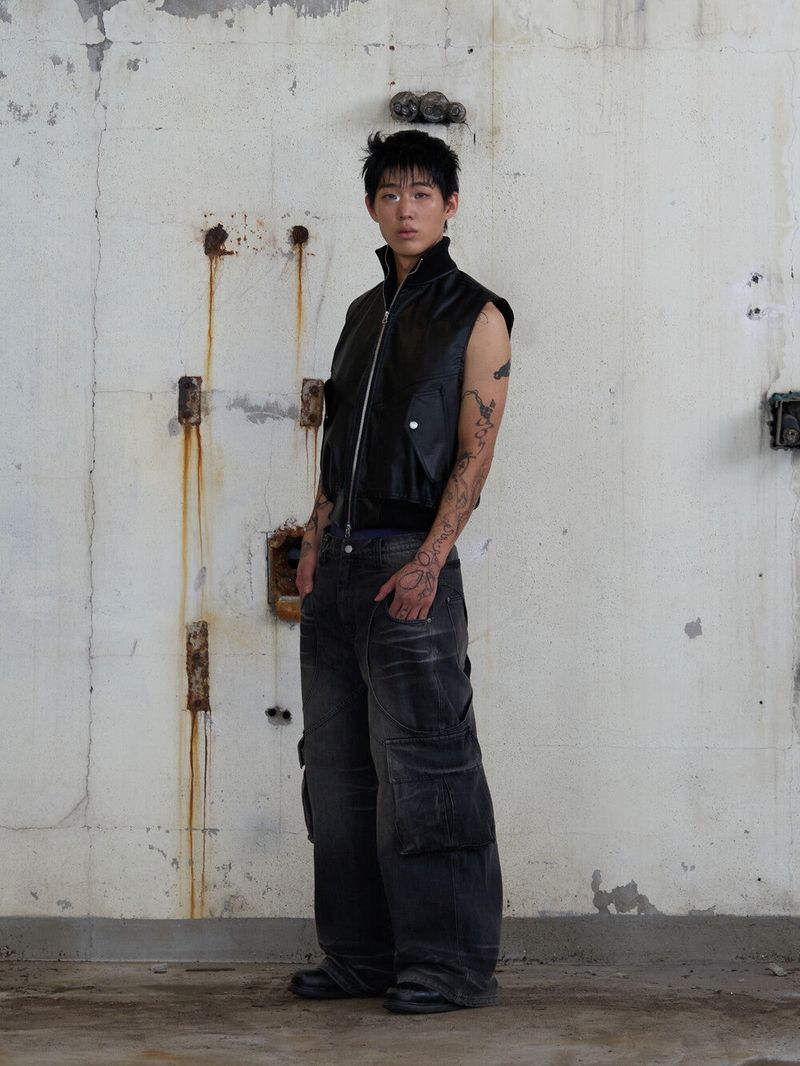 Leather Cargo Vest (Black)