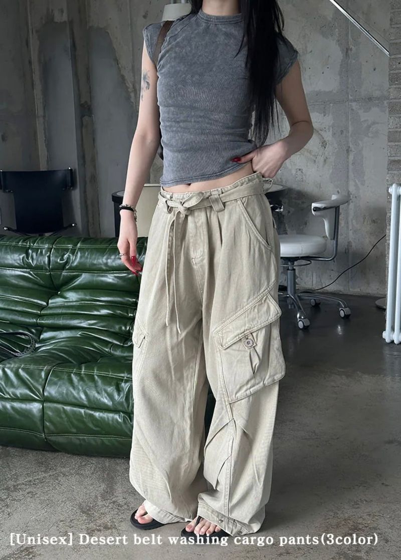 [Unisex] Desert belt washing cargo pants(3color)