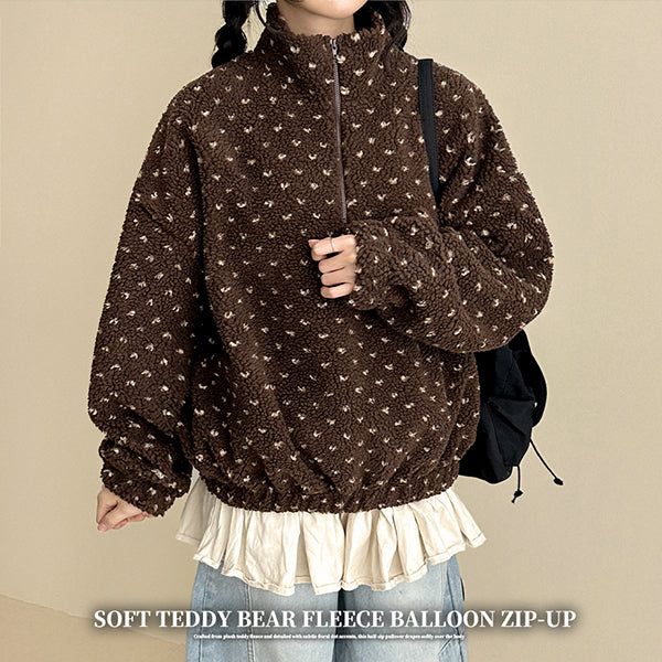 Marie Heart Dot Pattern Fleece High Neck Half Zip Up