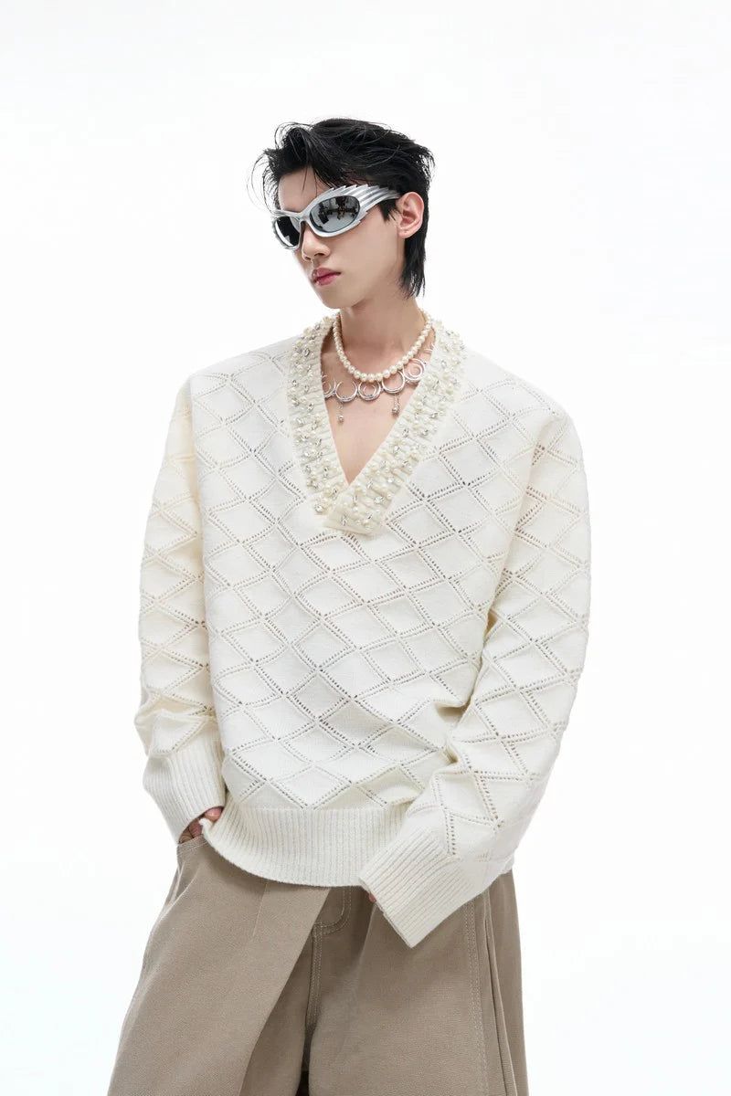 Rhinestone Diamond Knit V-Neck Sweater
