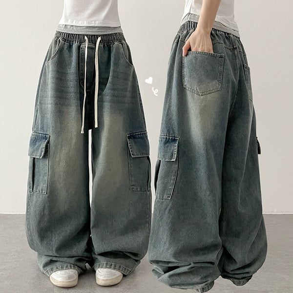 khaki waistband denim washing cargo wide pants (2 colors)