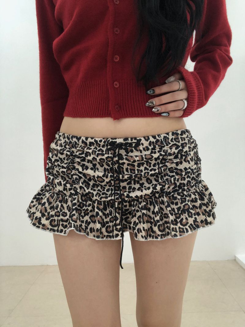 Leopard Shirring Skirt Pants