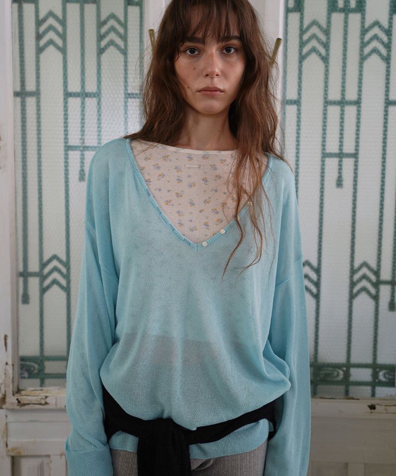 WITHOUTSUMMER（ウィズアウトサマー）の「Button v-neck knit_skyblue（Tops）」