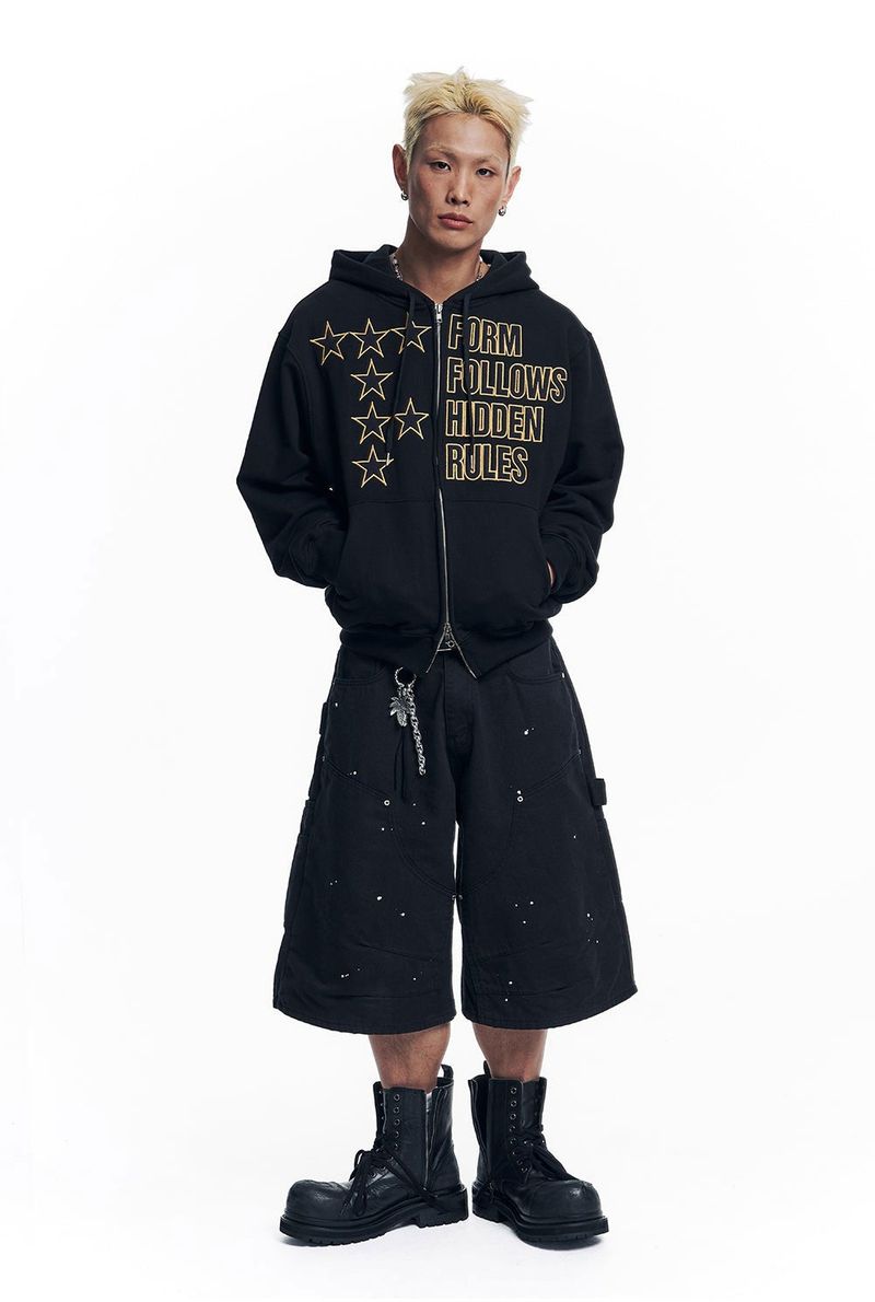 Star Lettering Patch Hoodie Zip-Up - Black