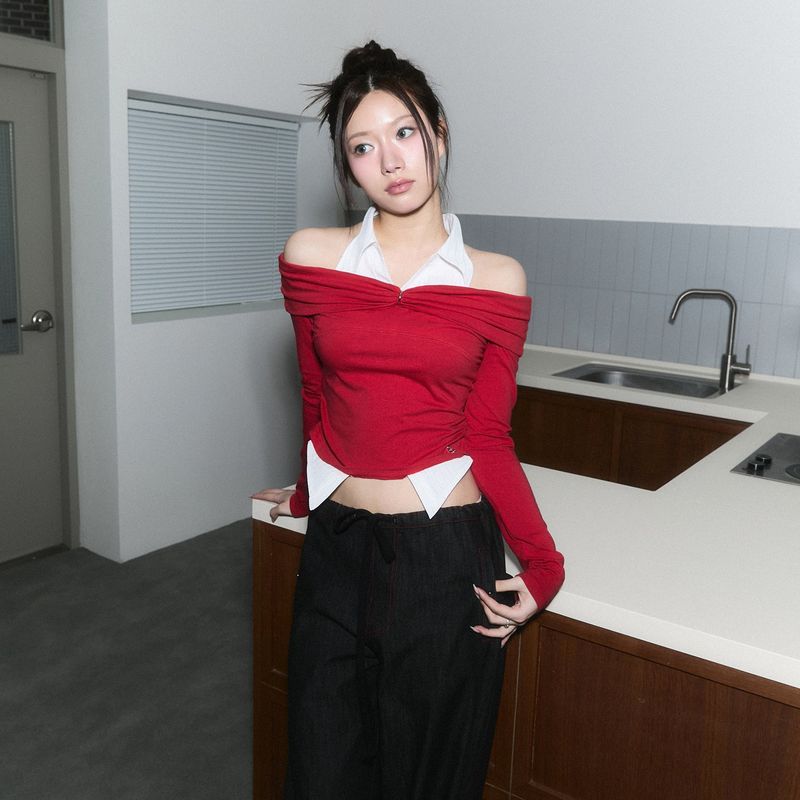 CHERRYQUIRI（チェリーキュリー）の「(3rd reorder) shirts layered off shoulder top - red（Tops）」