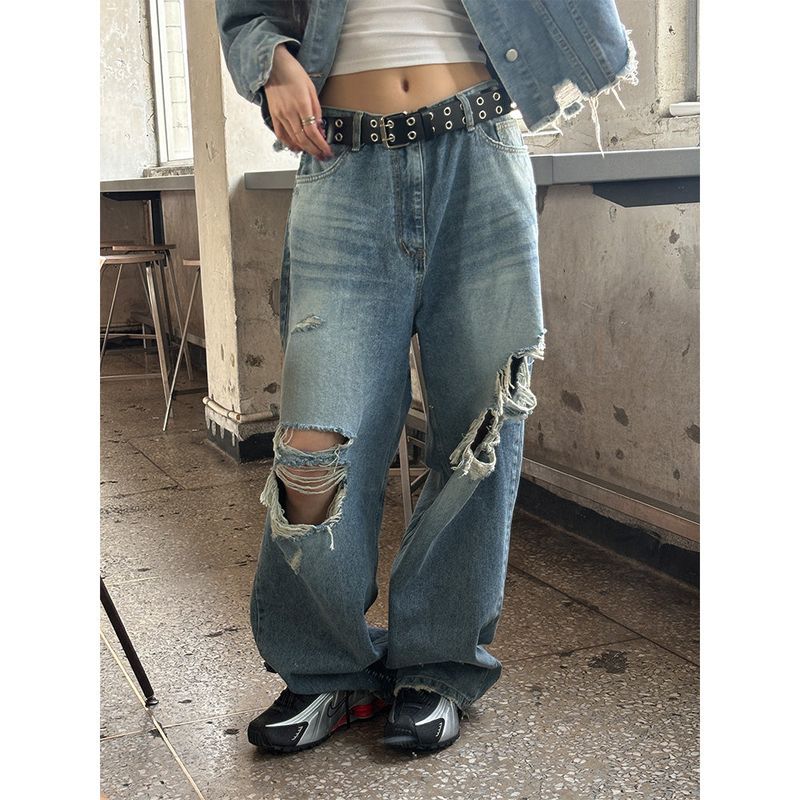  [Unisex] Knee destroyed wide denim pants