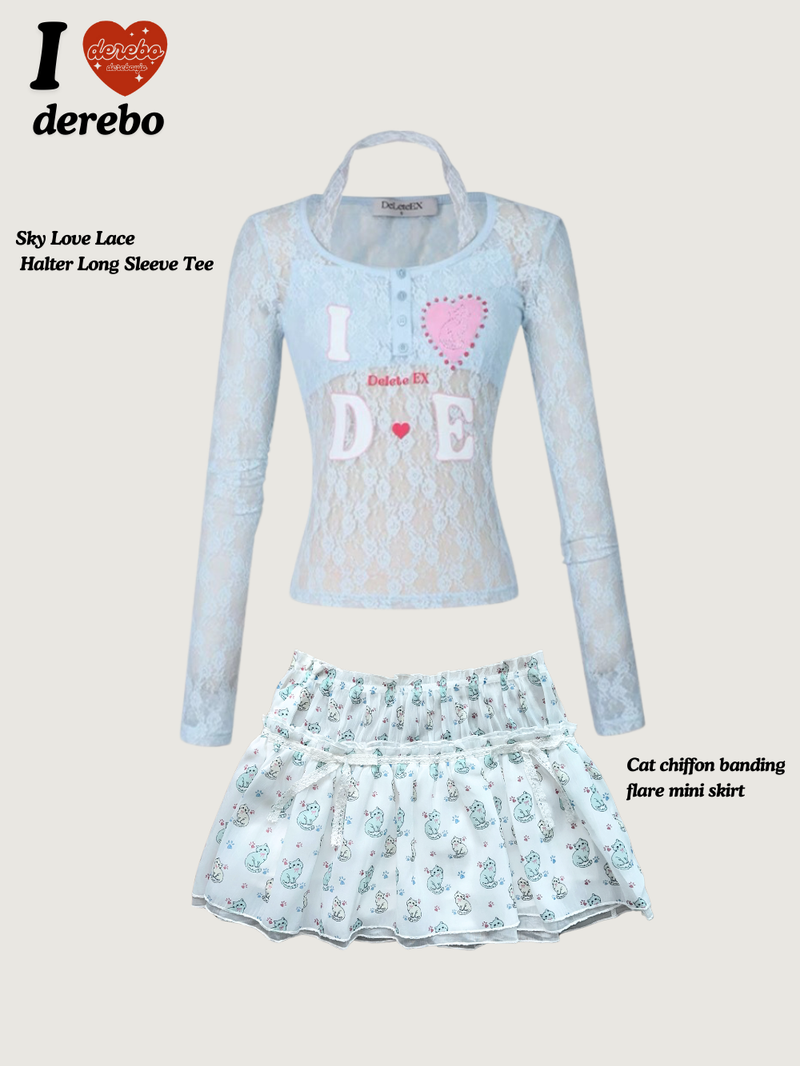Cat chiffon banding flare mini skirt