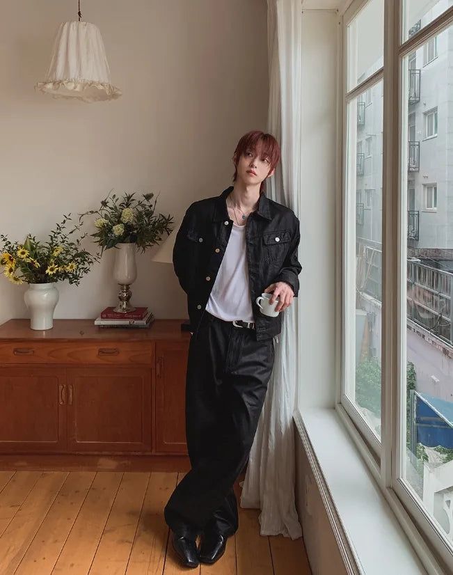 Canto Coated Black Denim Wide Pants