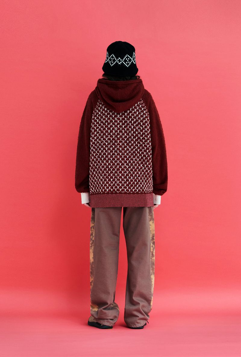 EMBOSSING CLOVER KNIT ZIP-UP HOODIE / RED